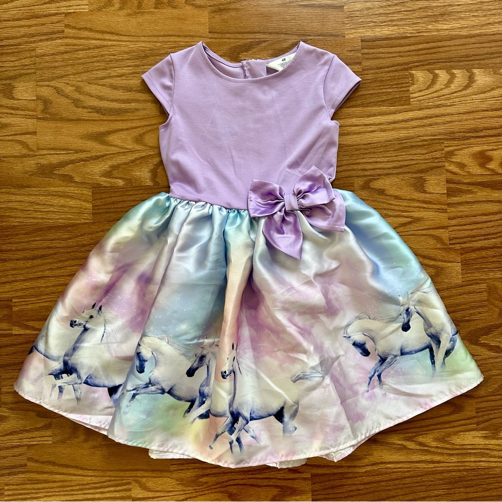 H&M Girls Size 8-10 Party Dress Spring Easter Lilac Horses Layered Bow EUC!